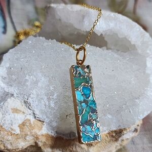 Gold Dipped Bar Tile Turquoise and Brown Mottled Gold Tone Artisan Necklace NEW